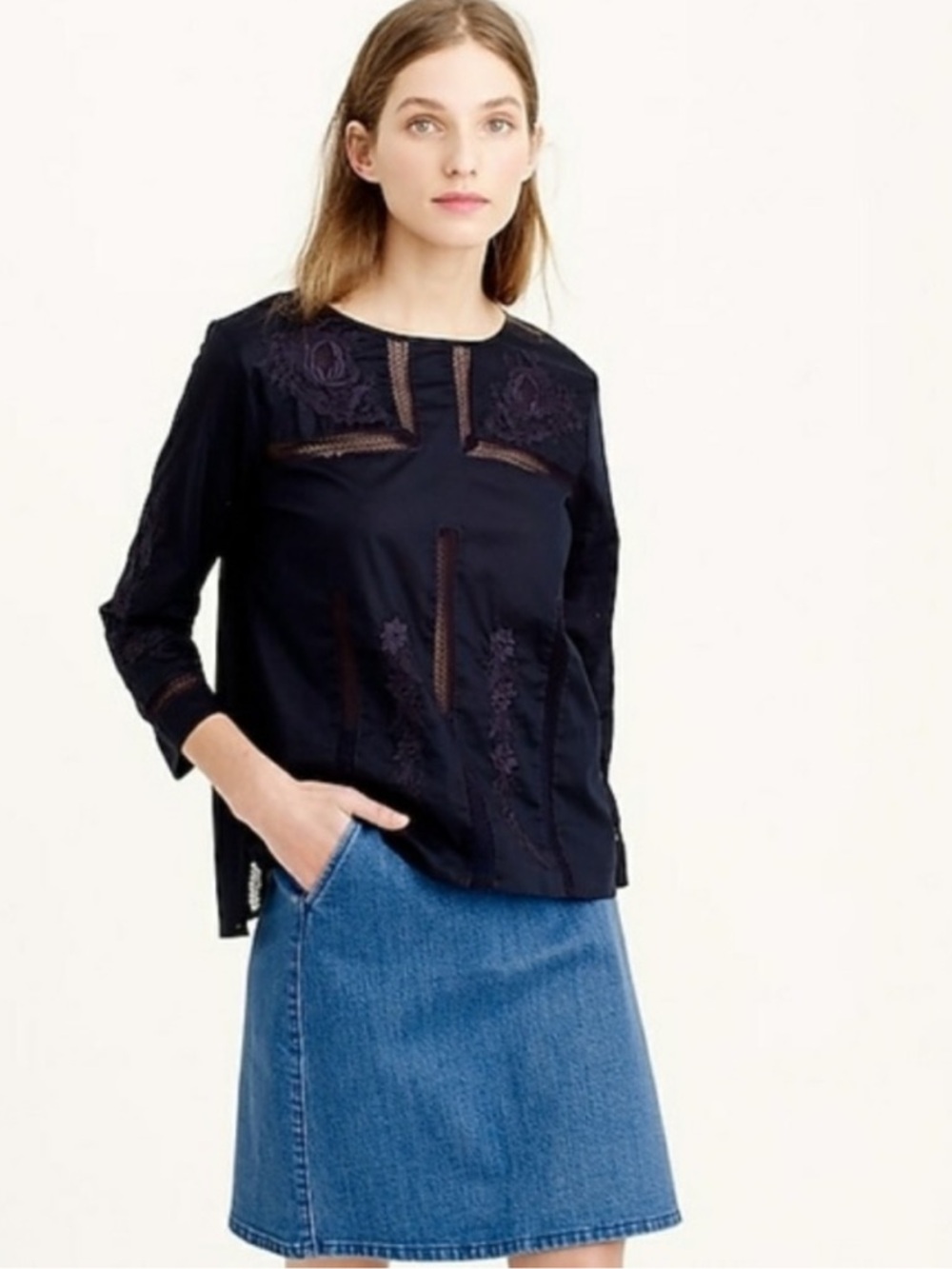 J. Crew Navy Embroidered Sheer-Panel Long-Sleeve Top Size 8 Cotton Peasant
Boho